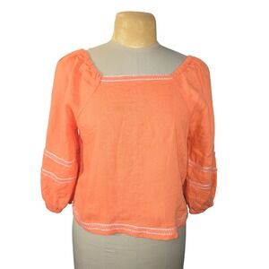 Joie Womens Small Coral Orange 100% Linen Embroidered Puff Sleeve Peasant Blouse
